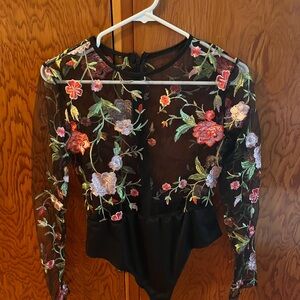 Floral Embroidered Sheer Black Top